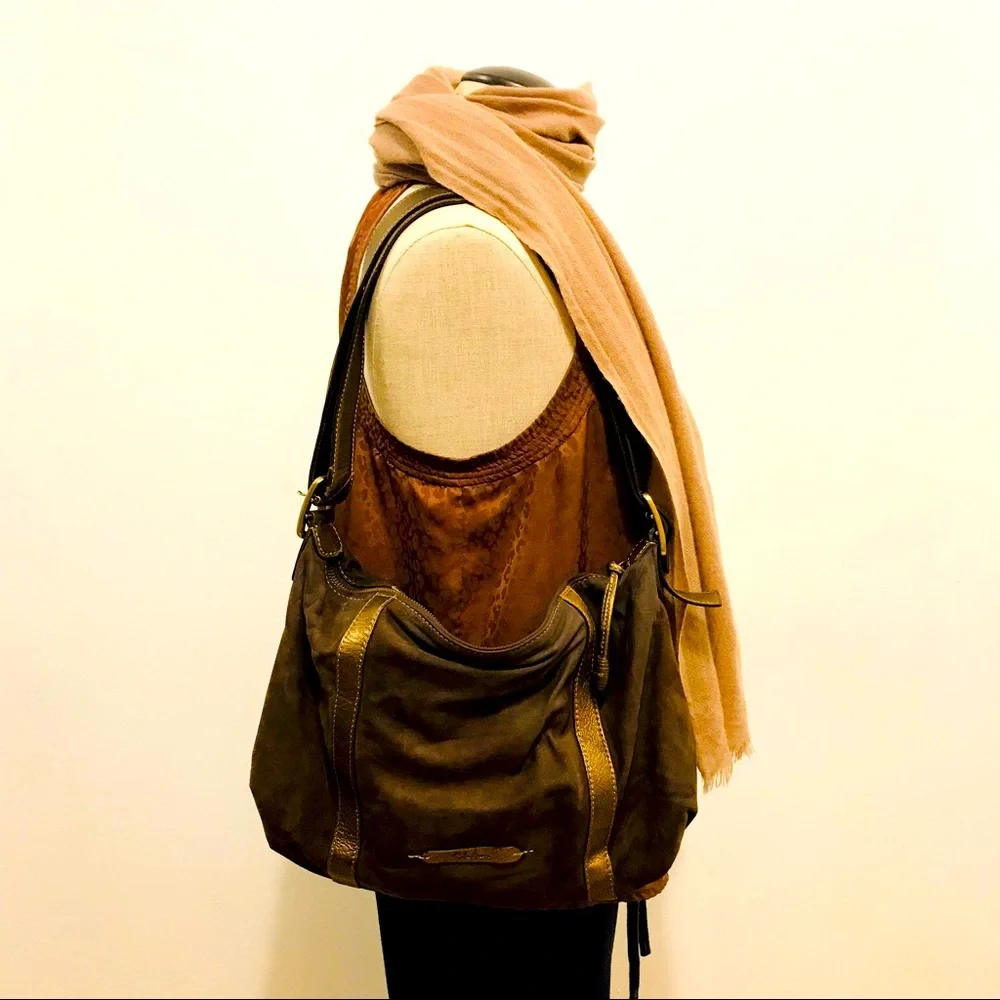 Cole Haan brown suede & golden brown leather hobo shoulder bag. Good used cdtn - Picture 1 of 10